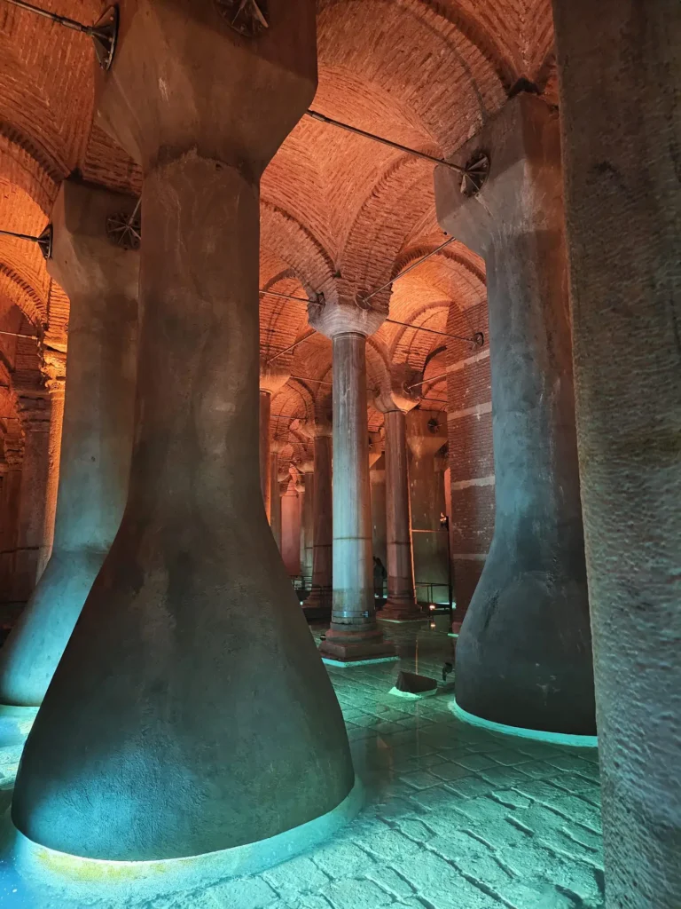 Illuminated columns inside the Basilica Cistern in Istanbul during a private history tour of Turkey